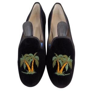 Stubbs and Wootton Black Velvet Slippers with Palm Tree Embroidery 6.5 $545 🌴